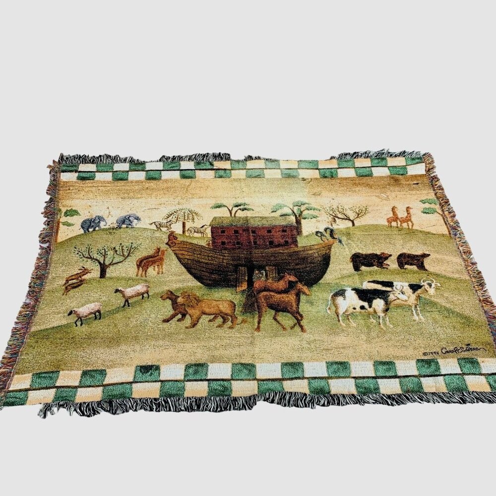 Religious Noahs Ark Woven Tapestry Throw Blanket By Carol Endres 1996 VTG 50"x70